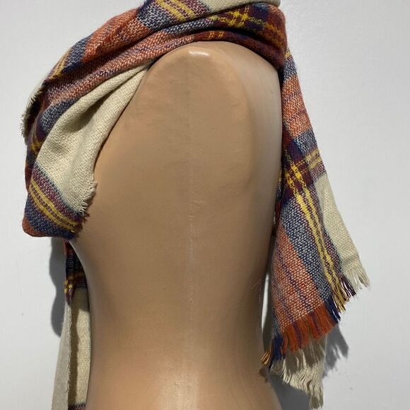 Unisex Multicolor Plaid Rectangular Print Fringe Trim Cream Scarf 28x78 - Picture 4 of 6